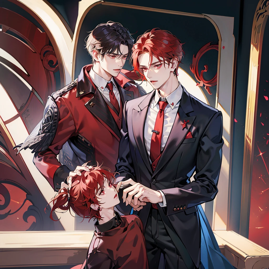 (masterpiece), best quality, seductive eyes, perfect face, handsome man, dark red eyes, side part red hair, long nose, business red suit, red necktie, red innershirt, extremely tall man, long legs, long calves, full body, tall man, long legs, anime cover, 1boy, ear piercings, facial piercings, hands in pockets, adult-like look, pretty but mature man