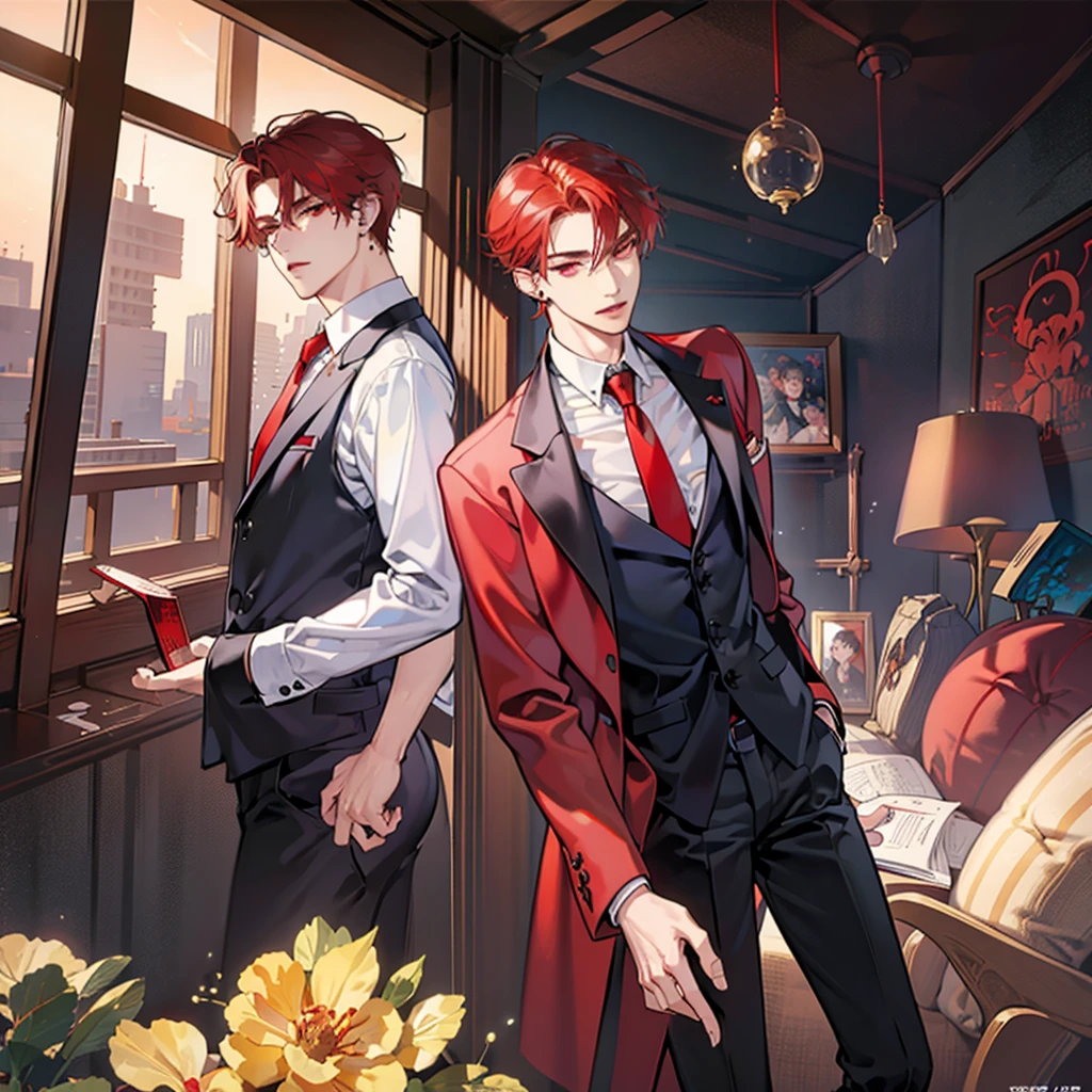 (masterpiece), best quality, seductive eyes, perfect face, handsome man, dark red eyes, side part red hair, long nose, business red suit, red necktie, red innershirt, extremely tall man, long legs, long calves, full body, tall man, long legs, anime cover, 1boy, ear piercings, facial piercings, hands in pockets, adult-like look, pretty but mature man