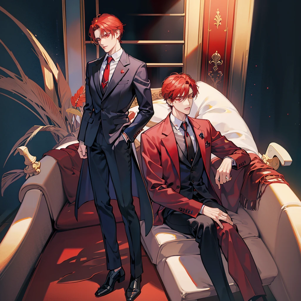 (masterpiece), best quality, seductive eyes, perfect face, handsome man, dark red eyes, side part red hair, long nose, business red suit, red necktie, red innershirt, extremely tall man, long legs, long calves, full body, tall man, long legs, anime cover, 1boy, ear piercings, facial piercings, hands in pockets, adult-like look, pretty but mature man 