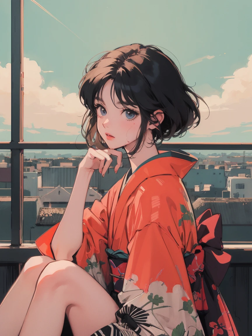 anime girl sitting on floor looking, anime aesthetic, anime vibes, Lofi Artstyle, Lo-fi portrait. anime, Lofty Girl, anime art wallpaper 4 k, anime art wallpaper 4k, anime art wallpaper 8 k, anime background art, Lofi Color, Lofi Art, anime asthetic, Short Bob, kimono, kimono, Countryside view, In nature, Wet day