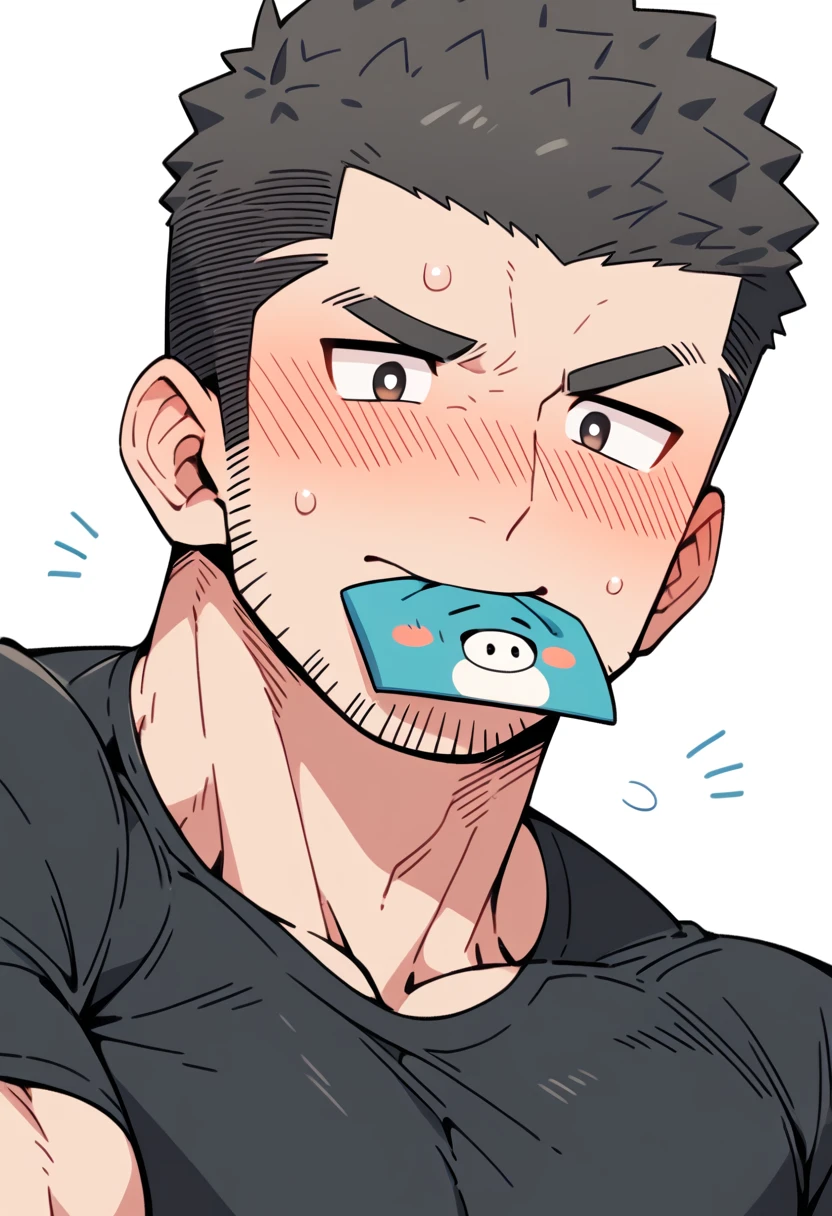 anime characters：Priapus, Muscle Sports Student, Buzz Cut, Manliness, male focus, Dark black tight T-shirt, Very tight, Sweat soaks clothes, He bit the hem of his tights to show off his abdominal muscles, full and perky chest muscles, muscular male, muscular, only, Upper body, Perfect muscular waist, alone, Black short hair, Thick eyebrows, stubble, Brown-red pupils, White background, simple background, amazing quality, best aesthetics, Ridiculous, crew cut, blush, mouth hold, embarrassed, shy, endured face, negative space, best quality