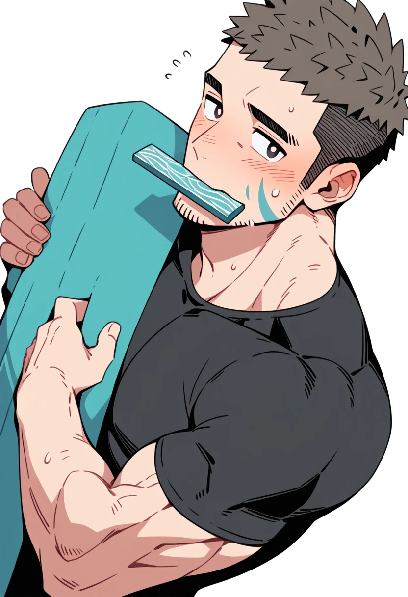 anime characters：Priapus, Muscle Sports Student, Buzz Cut, Manliness, male focus, Dark black tight T-shirt, Very tight, Sweat soaks clothes, He bit the hem of his tights to show off his abdominal muscles, full and perky chest muscles, muscular male, muscular, only, Upper body, Perfect muscular waist, alone, Black short hair, Thick eyebrows, stubble, Brown-red pupils, White background, simple background, amazing quality, best aesthetics, Ridiculous, crew cut, blush, mouth hold, embarrassed, shy, endured face, negative space, best quality