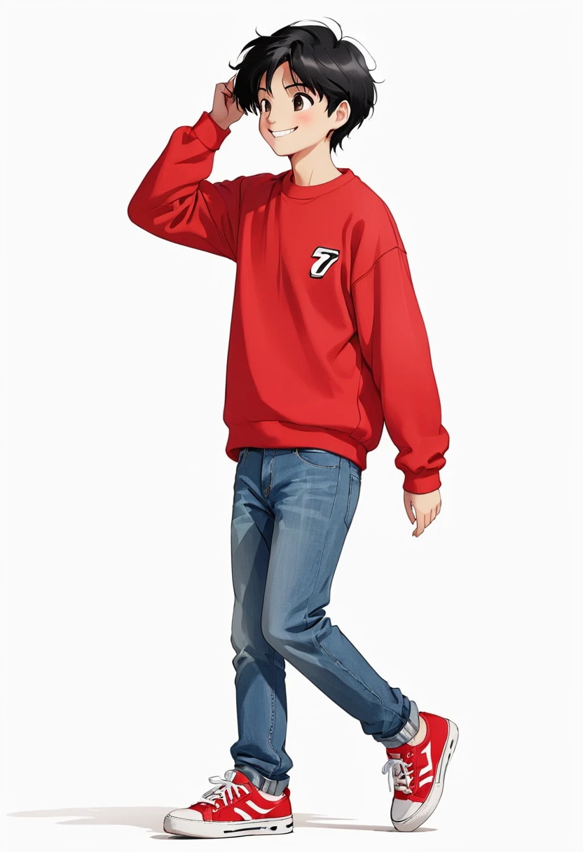 Score_9, Score_8_up, Score_7_up, 1 boy, black hair, black eyes, smile, red sweatshirt, jeans, sneakers, walking, side focus, side view, simple white background,