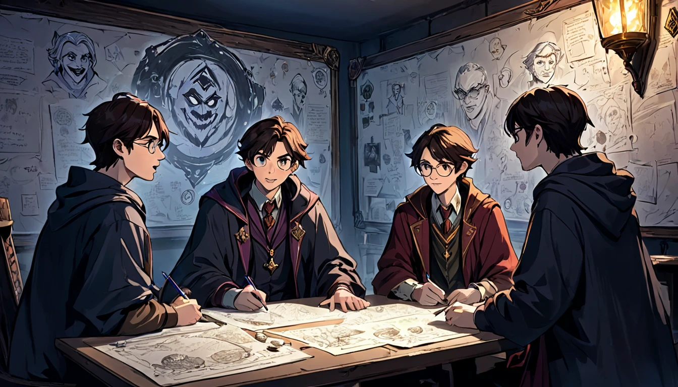 3 gamer guys with clear faces whiteboard with pictures and papers hung on it, evil dark room , there is a scary faces and Puzzles on the wall, , they talking and working ,Philosopher's Stone glowing