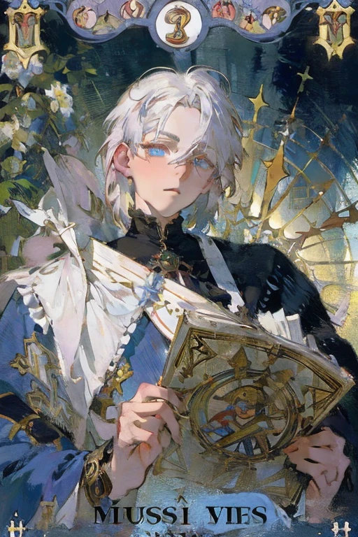 (Absurd, High resolution, Super detailed), 1 male, disheveled white hair, Aquamarine Eyes, White eyelashes, Looking into the camera, Joy Joy,sunglasses, Detailed eyes and face, fool \Tarot\, Bard, clown, Symbolism, Visual Arts, occult, universal, Vision Casting, Philosophical, Iconography, Number secrets, Popularity, artistic, Alphonse Mucha