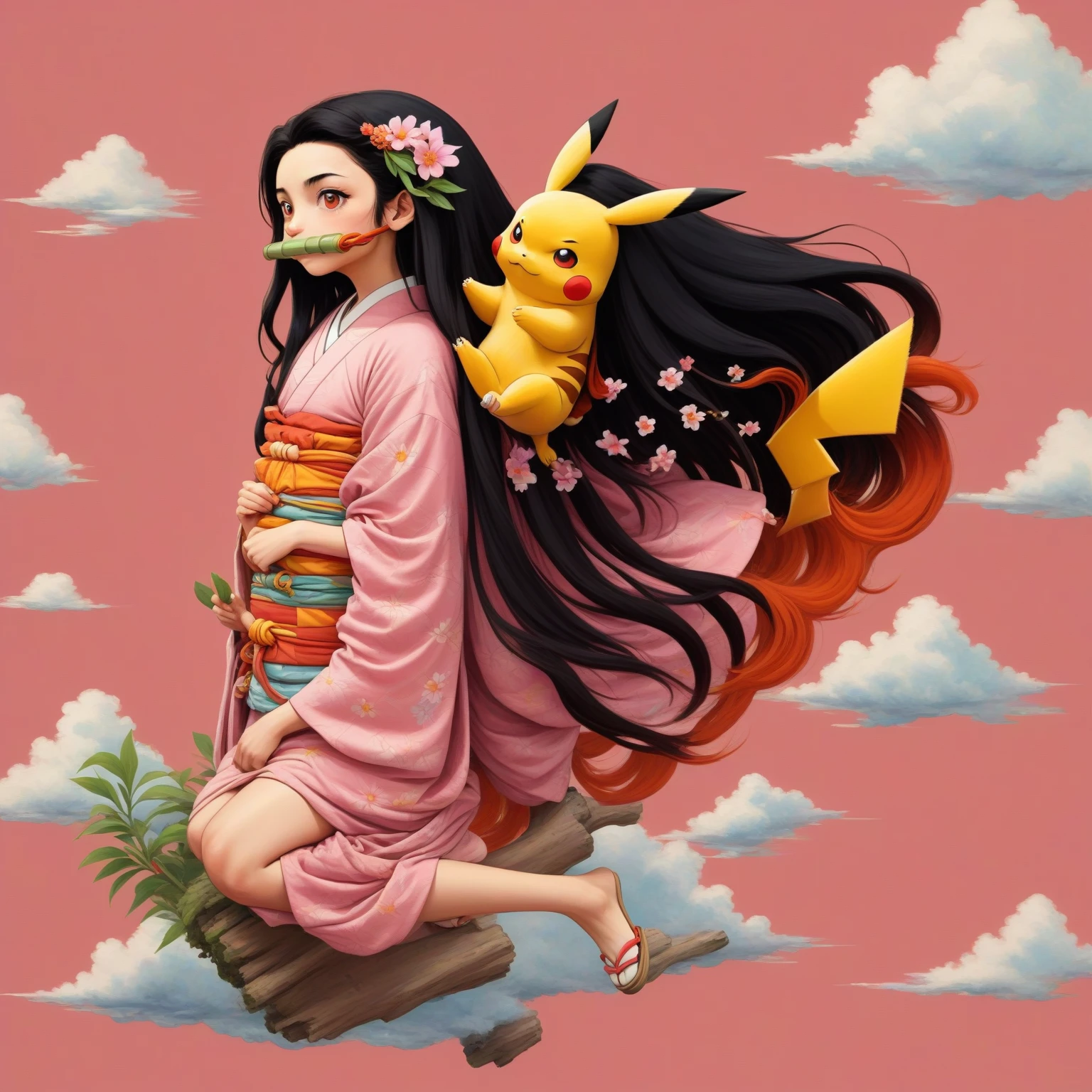 Studio Ghibli style, Pikachu riding on the shoulder of a girl with long black and orange hair, wearing a pink kimono and a bamboo mouthpiece, red background with small flowers and clouds"