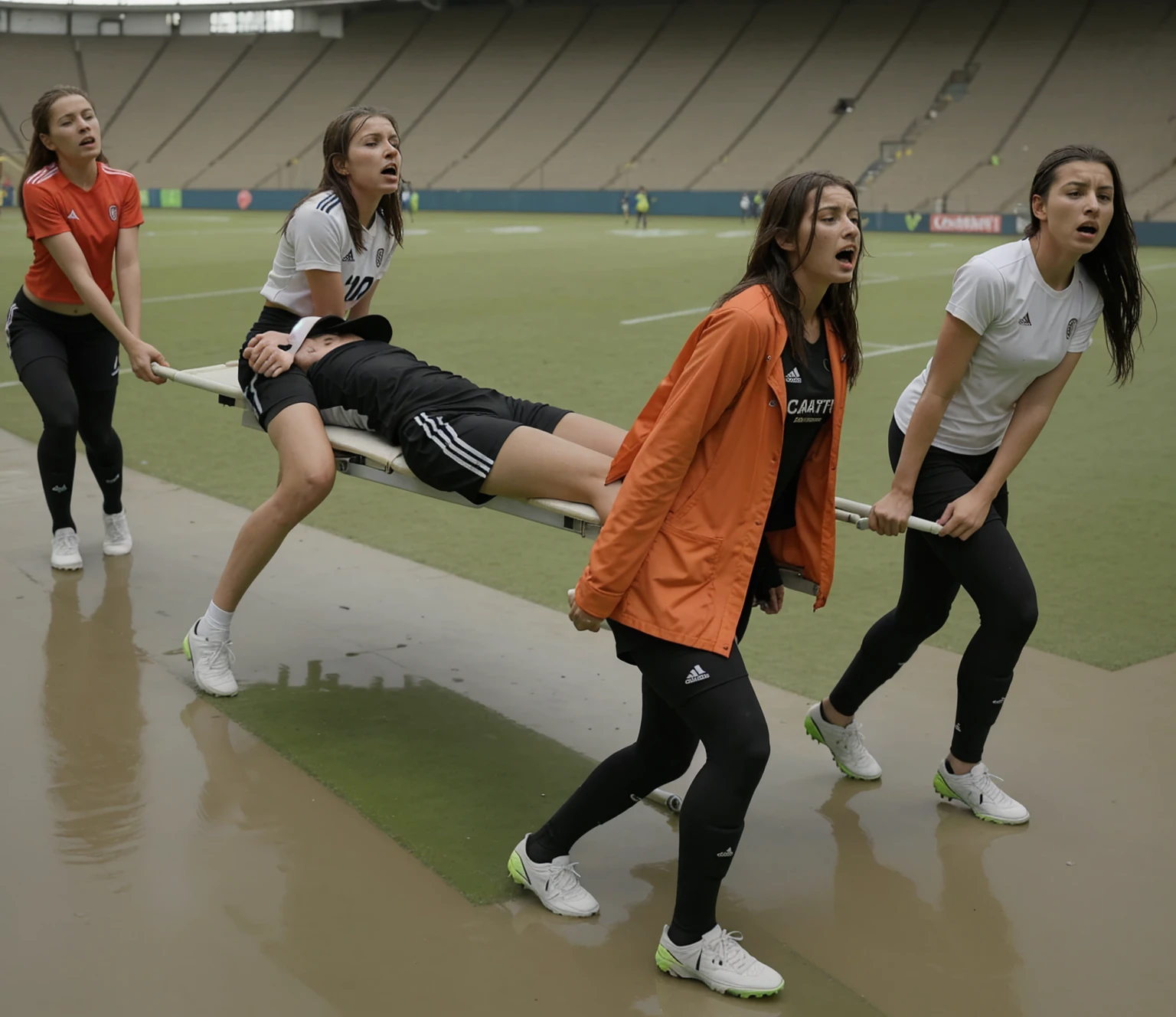 a soccer scene in a sports stadium, cool and wet weather conditions, humide ground, rainy sky, injury scene in a sports stadium, stretcher carry, there are four female medics carrying a stretcher, there are four female medics in very shiny coats who are carrying a stretcher in a sports stadium, there is a wounded male soccer player in a matte short cotton sports outfit lying on the stretcher, an injured male soccer player in matte cotton sportswear is lying in pain on a stretcher, a soccer player in matte cotton sports clothes is rearing up in intense pain while lying on a stretcher, dramatic scene, theatralic posing scene, dramatic pity scene, injury soccer, first aid, help, pity, there are four female medics in wetlook high-shine coats who are looking very sad and very terrified and very shocked, the injured soccer player is screaming out in pain while he is carried from the pitch on a stretcher