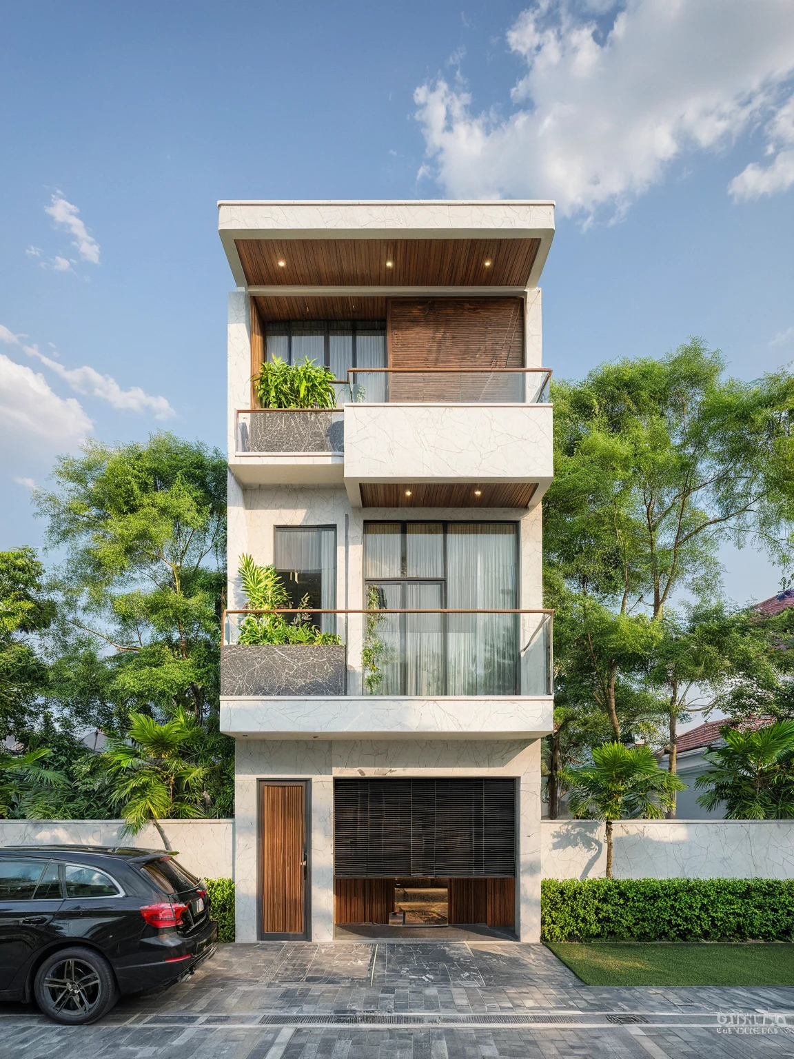 masterpiece, High Quality, best quality, true, super detailed, out side, one-story villa, yay, yaygroup, stone walling, phong cách ngôi nhà hiện đại trên sugar phố, cầu thang, white wall, sugar, pavement, grass, plant, firmament, cloud, (daylight :1.1)