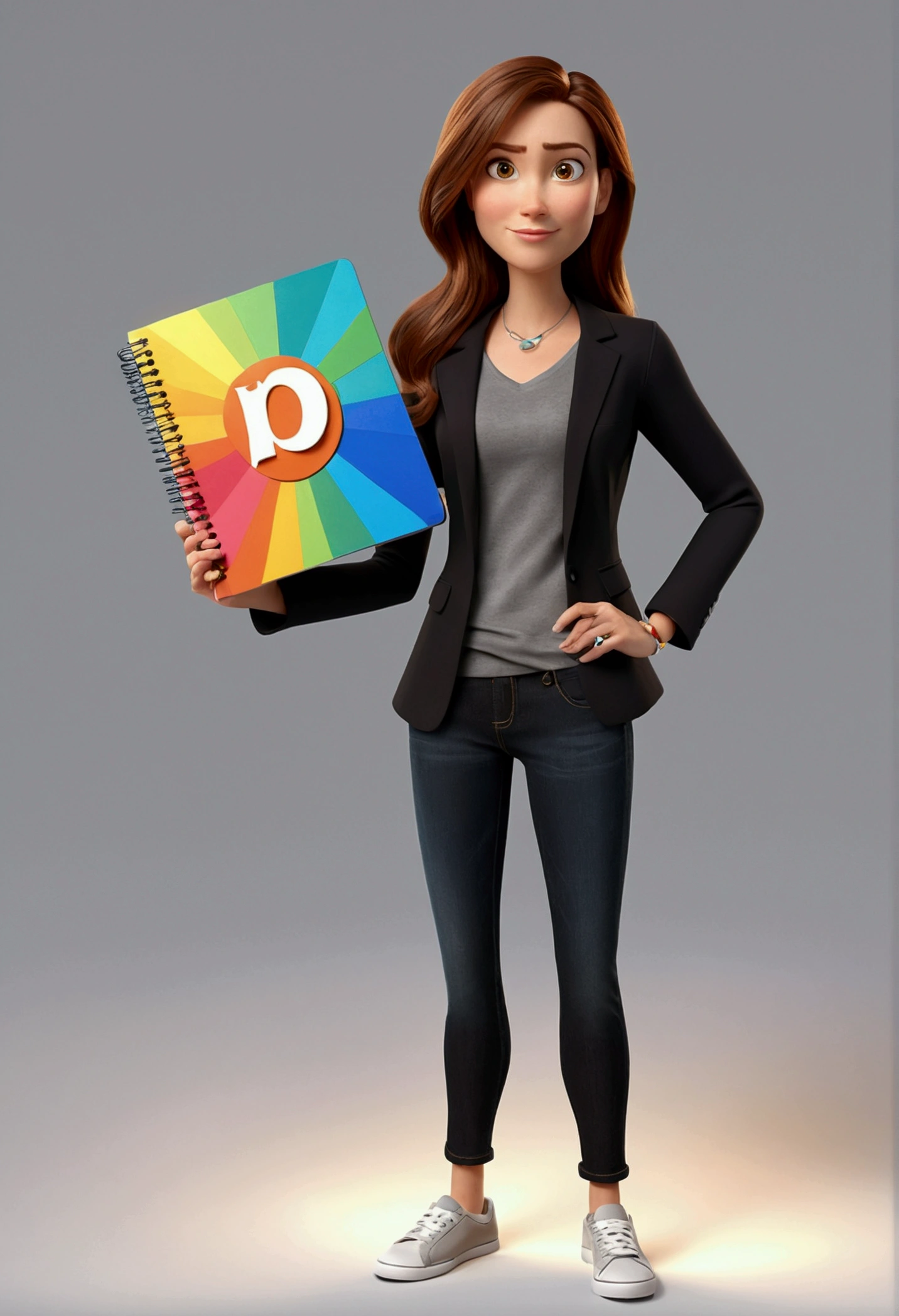 3D PIXAR STYLE POSTER. woman 36 years old, with light skin, MEDIUM BROWN HAIR ON THE SIDE, eyes browns, black blazer, black jeans pants, gray shirt, White sneakers, notebook in hand, teacher light BACKGROUND with COLORFUL lights