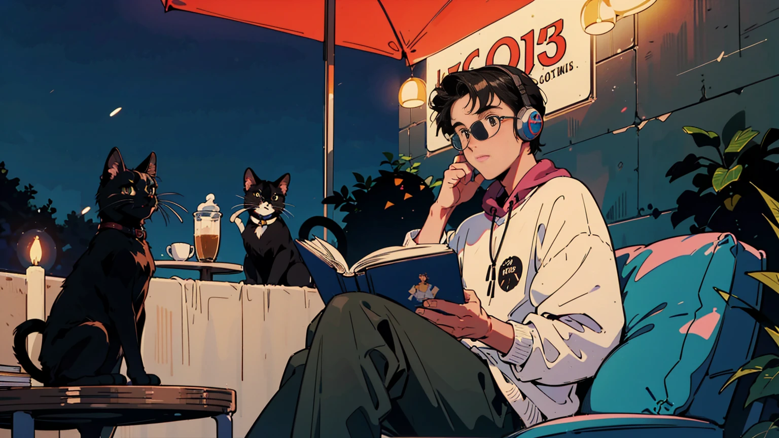 best quality, 8k, 1990s style,2010s hairstyles, 21-year-old boy, black hair, light brown eyes, city pop, pants ,night view, wearing headphones,reading a book, whole body,  relax coffee,table,confection,Looking at me, Black cat
