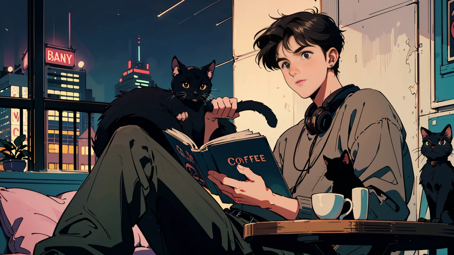 best quality, 8k, 1990s style,2010s hairstyles, 21-year-old boy, black hair, light brown eyes, city pop, pants ,night view, wearing headphones,reading a book, whole body,  relax coffee,table,confection,Looking at me, Black cat
