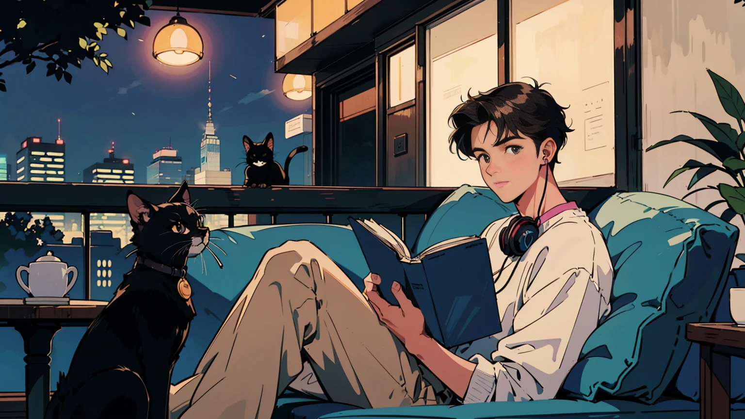best quality, 8k, 1990s style,2010s hairstyles, 21-year-old boy, black hair, light brown eyes, city pop, pants ,night view, wearing headphones,reading a book, whole body, relax coffee,table,confection,Looking at me, Black cat