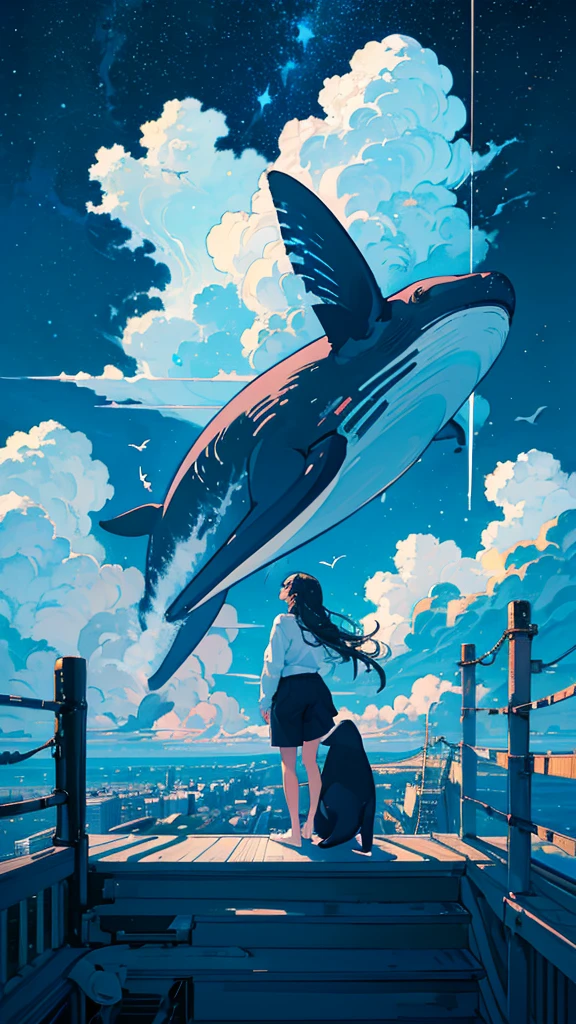 masterpiece, Exquisite detail,Highest quality, One girl, alone, handrail, cloud, Looking up at the buildings,Long Hair, NULL, Long sleeve, Power lines, White footwear, Black Hair, View your viewers, Electric pole, bangs, cloudy NULL, fish, bird, Green Eyes, Shorts, Day, Black Shirt, barefoot,Whale flying in the sky,Giant whale,night,Star,milky way,night,Pitch black,Buildings,Sitting, High quality anime art style,Standing painting,Splash ink background,Blue Themes,Clear Face,Distinct facial features,Clear eyes and nose,beautiful,