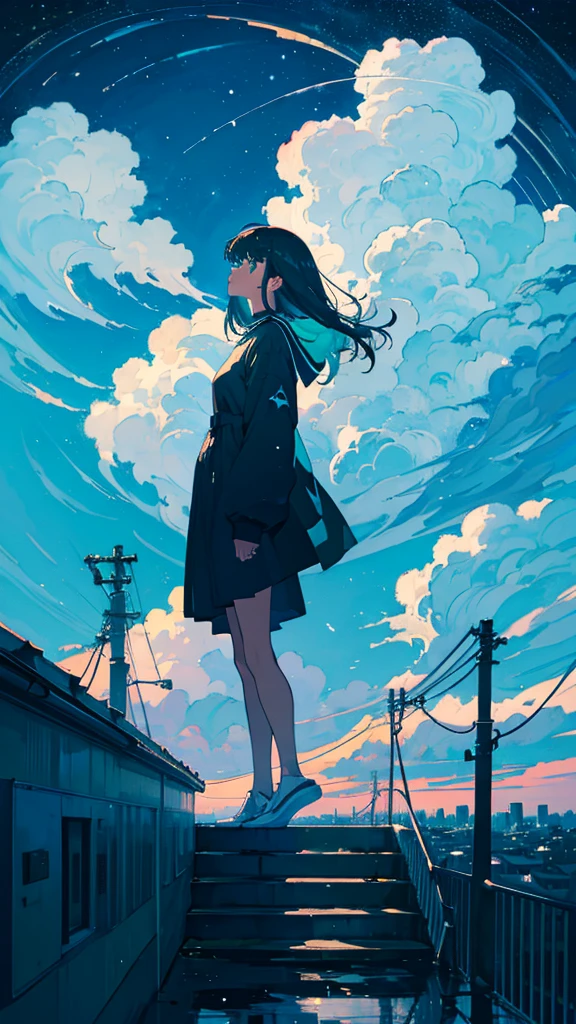 masterpiece, Exquisite detail,Highest quality, One girl, alone, handrail, cloud, Looking up at the buildings,Long Hair, NULL, Long sleeve, Power lines, White footwear, Black Hair, View your viewers, Electric pole, bangs, cloudy NULL, fish, bird, Green Eyes, Shorts, Day, Black Shirt, barefoot,Whale flying in the sky,Giant whale,night,Star,milky way,night,Pitch black,Buildings,Sitting, High quality anime art style,Standing painting,Splash ink background,Blue Themes,Clear Face,Distinct facial features,Clear eyes and nose,beautiful,