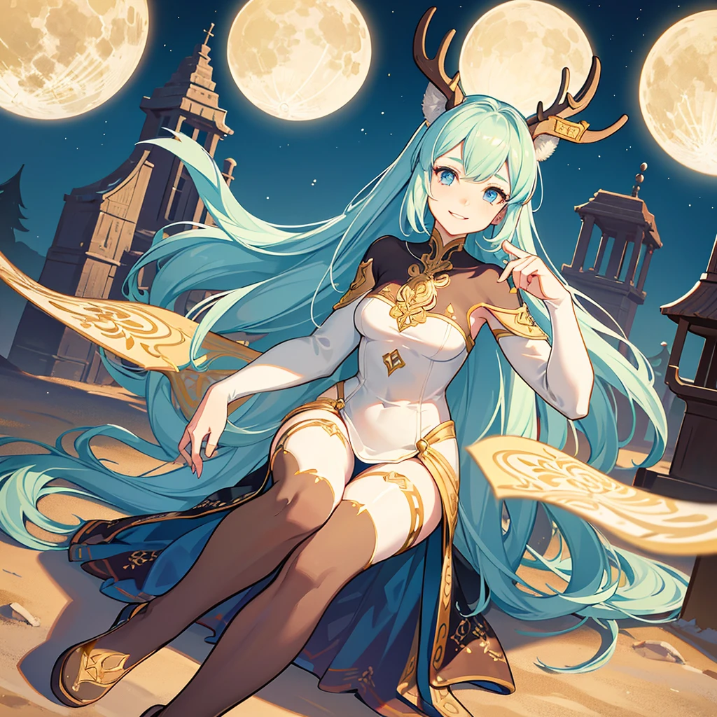 Create an illustrated, hand-drawn, full-color image of an anthropomorphic reindeer women. The artwork should be rendered in the style of "Breath of the Wild," featuring warm lighting and shadows. Include graphite shading, stencil marks, and airbrushed acrylic paint effects. The image should be of the highest quality, a masterpiece with intricate details. The deer women should have a female, humanoid, furry appearance with grey skin. She should have luscious lips, a wide smile, and bright, expressive eyes, exuding beauty, cuteness, and adorableness. Ensure the image is high resolution and sharply detailed, with a detailed and vibrant background. Incorporate mystical lighting in the background, creating a romantic and enchanting atmosphere. ....Fold