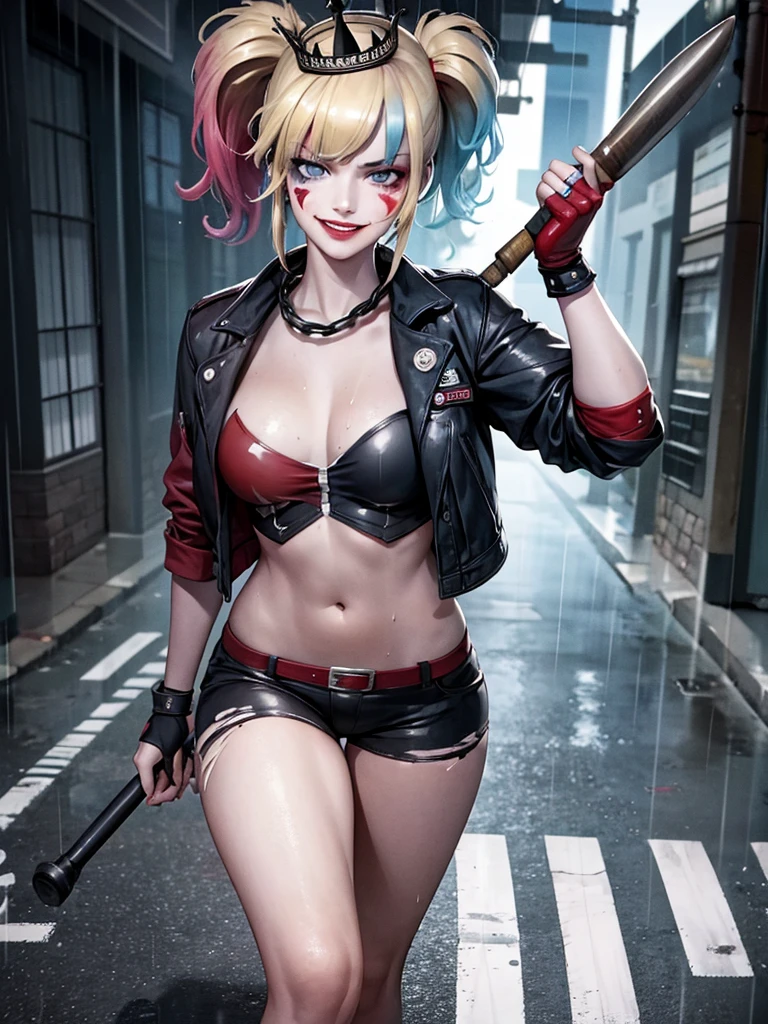 Harley queen. You stand in the middle of the street, under heavy rain. clothes stuck to his body and soaked. without underwear. smiling. with a classic outfit, holding his metal baseball bat in his hands.