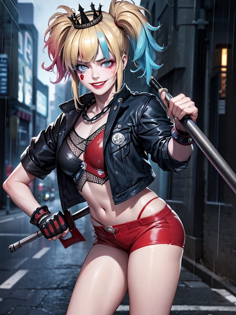 Harley queen. You stand in the middle of the street, under heavy rain. clothes stuck to his body and soaked. without underwear. smiling. with a classic outfit, holding his metal baseball bat in his hands. 