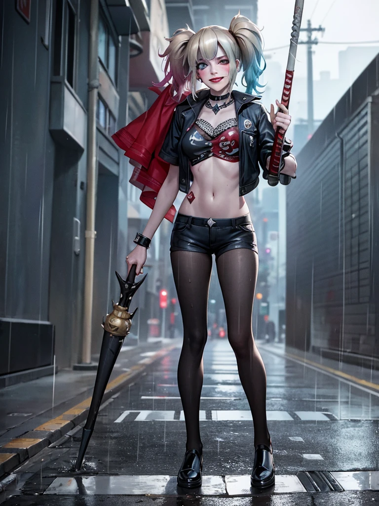 Harley queen. You stand in the middle of the street, under heavy rain. clothes stuck to his body and soaked. without underwear. smiling. with a classic outfit, holding his metal baseball bat in his hands. 