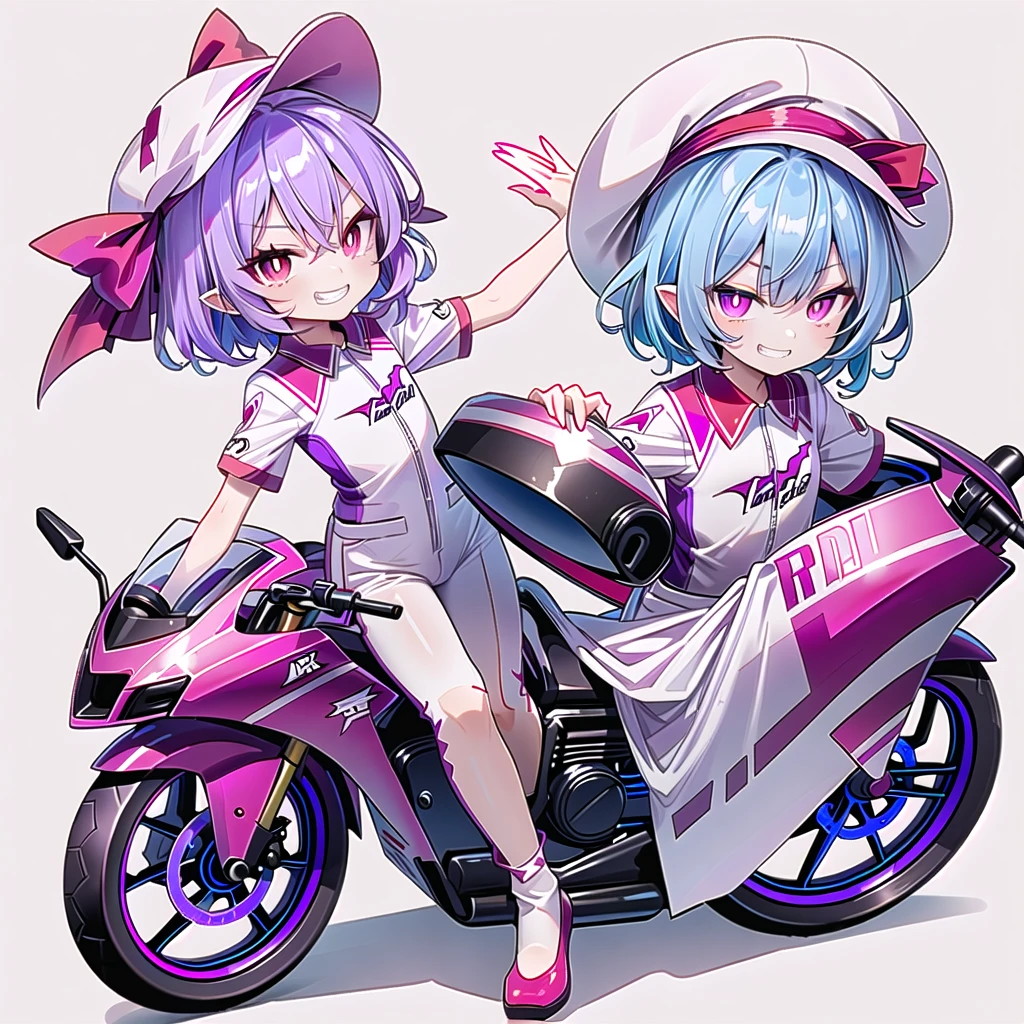 (((remilia scarlet))),(touhou),((red eyes)),(((short hair,purple hair,light purple hair,blue hair))),(((slit pupils))),(((white headwear,pink headwear, mob cap))),(((motorcycle racing wear))),(((grin))),(((full body))),(((simple white background))),(((from front)))