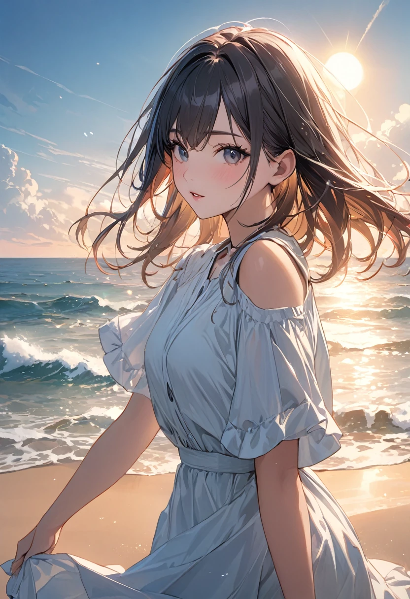 (Short-sleeved,White),(Fashionable),(Model),(Woman),(In her 20s),(Sea),(best quality:1.2),(master piece:1.2),(8k),(16k:1.2),(Illustration),(Best Quality:1.2),(Ultra-detailed:1.2),(top-quality:1.2),(masterpiece:1.2)