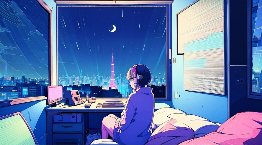 (From behind), Anime girl sitting in front of a computer in a cozy bedroom, Girl listening to music in a cozy room (night), Use headphones, On the roof, (beautiful night views from windows), Lots of things, 2D Anime Style, The aesthetics of anime in the 90s, Lo-Fi, Very detailed, hard disk, A mix of anime style and Fujifilm, Surreal, 8k, masterpiece