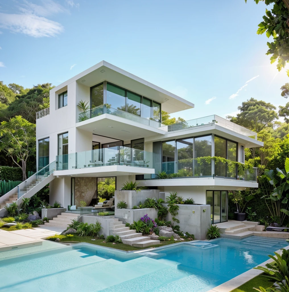 MODERN HOUSE, A wide-angle shot shows the front view of a contemporary two-story villa with glass windows, surrounded by lush greenery. It features an outdoor pool area with natural light. Stone pathways lead to the swimming pool in the yard, adorned with vibrant plants, Taken on a Canon EOS R5, white wall, concrete, ((big front yard)), 