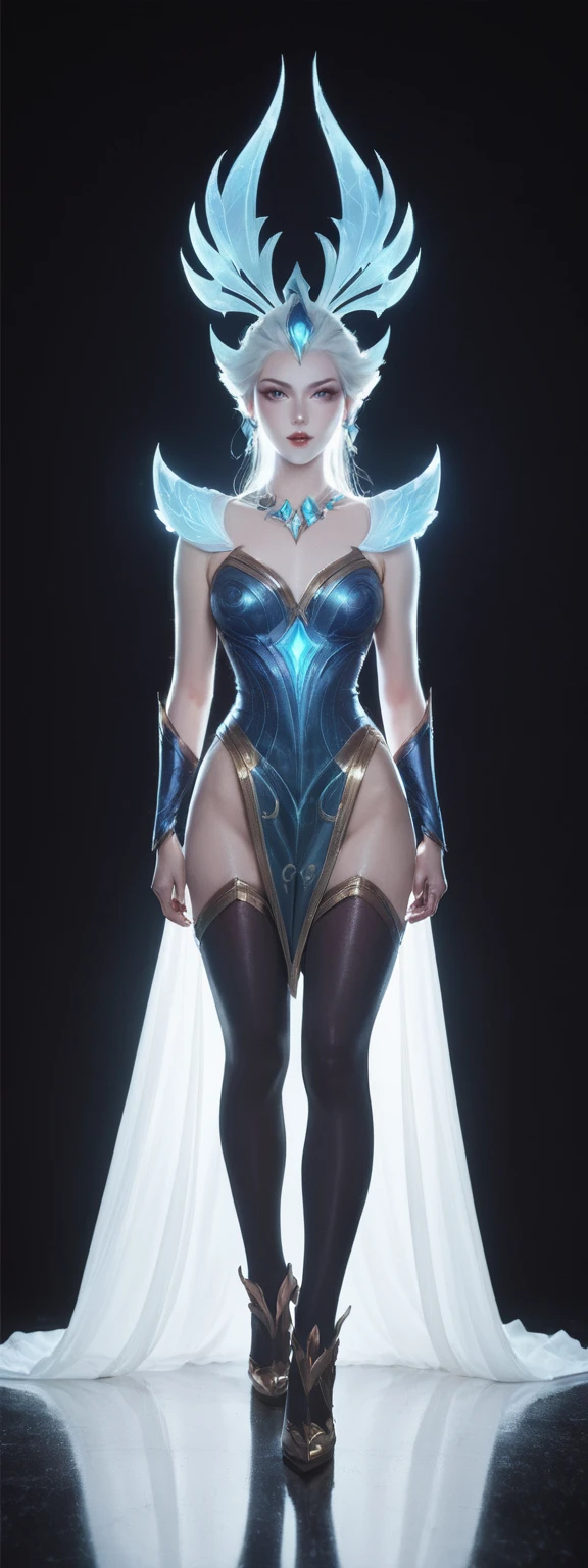 realistic, score_9, score_8_up, score_7_up, score_6_up, 
1girl, solo, from front, full body, MasterYi \(league of legends\),  black background, makeup, sidelighting, backlighting, glowing,