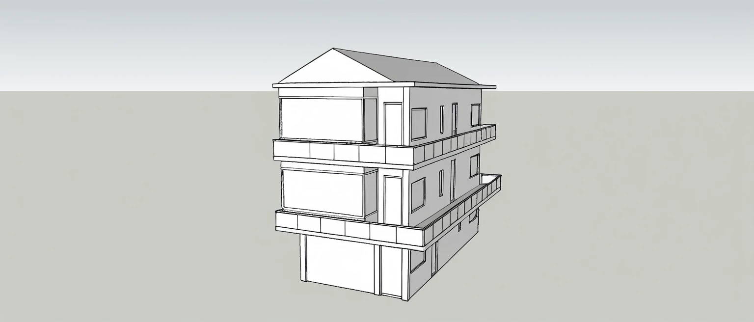 a rendering of'une maison à trois étages avec un balcon et un balcon, complete house, 3/4 realistic views, realistic building, 3d rendering, 3d rendering, 3D model rendered, building facing, dans le style du réalisme simplifié, front view, An extremely detailed building, sketch - up, 3-D rendering, perspective 3D, perspective de face