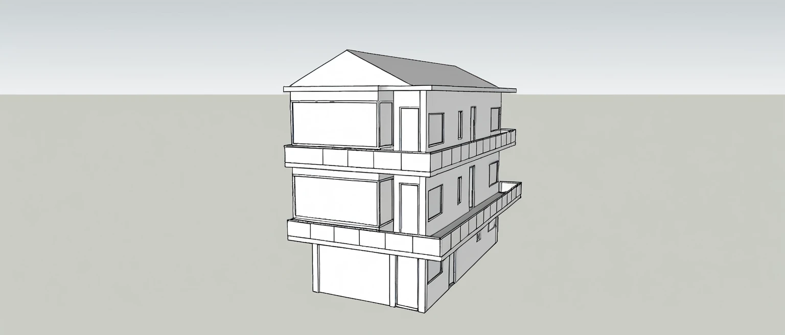 a rendering of&#39;une maison à trois étages avec un balcon et un balcon, complete house, 3/4 realistic views, realistic building, 3d rendering, 3d rendering, 3D model rendered, building facing, dans le style du réalisme simplifié, front view, An extremely detailed building, sketch - up, 3-D rendering, perspective 3D, perspective de face