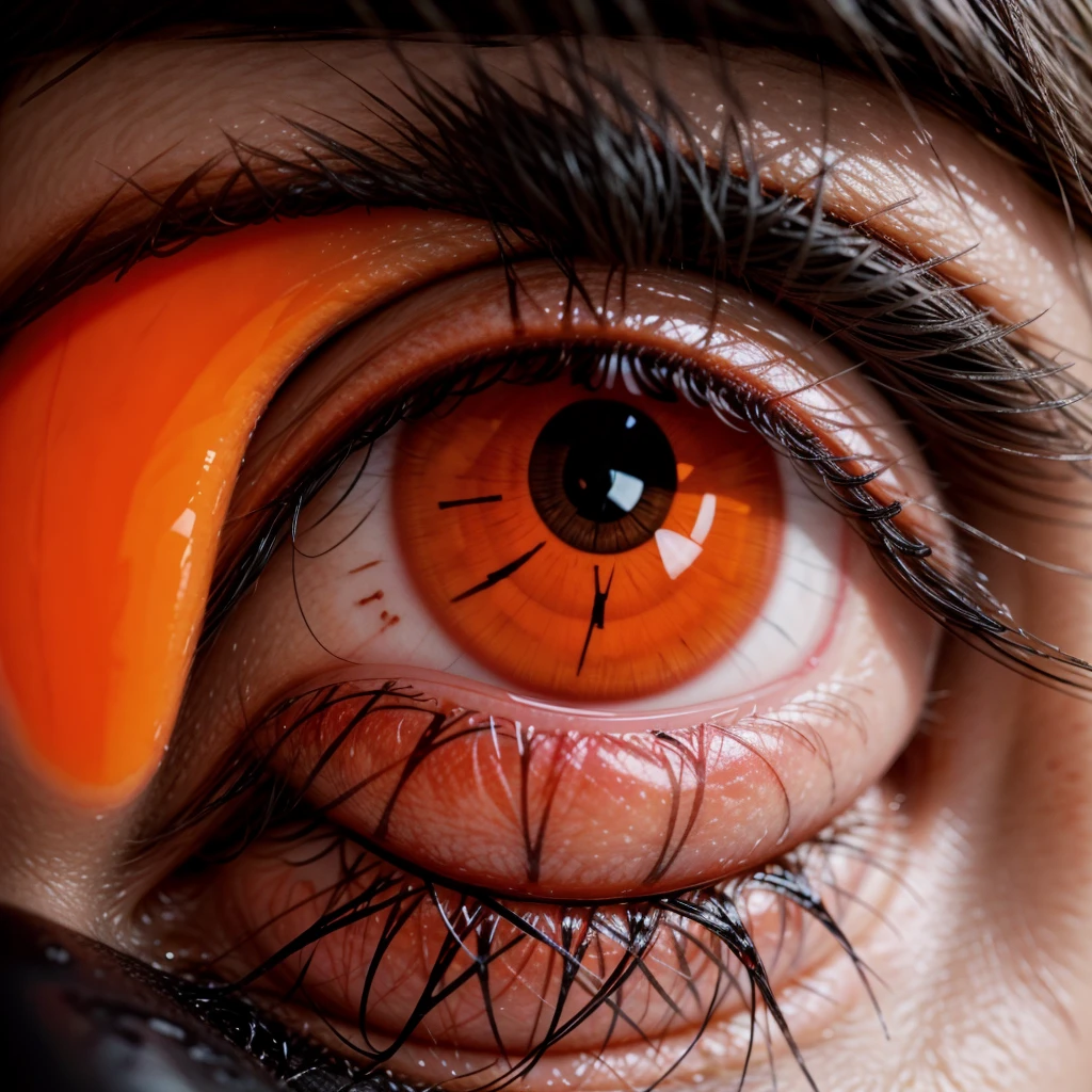 An orange eye with Japanese symbols on it and a focus only on the eye 8k