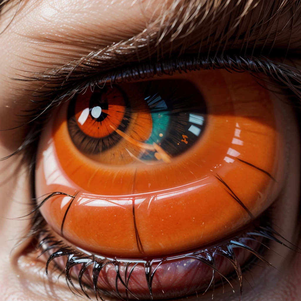 An orange and red eye with Japanese symbols on it and a focus only on the eye 8k