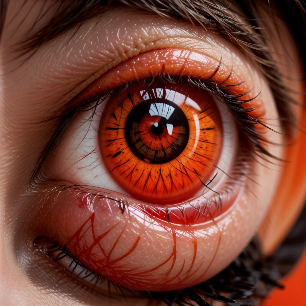 An orange and red eye with Japanese symbols on it and a focus only on the eye 8k