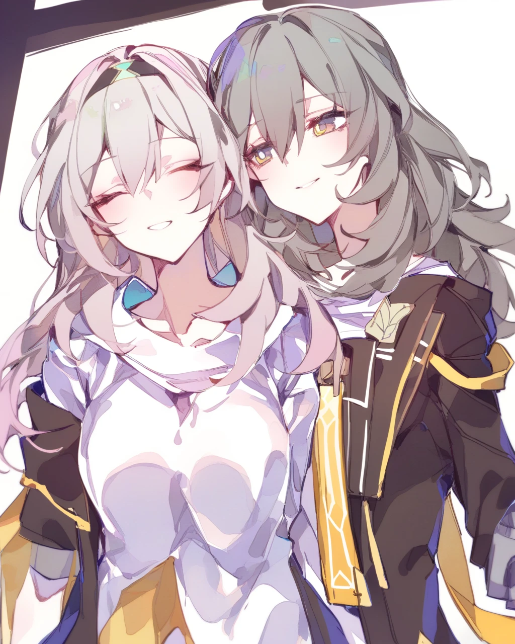 anime couple hugging in front of a mirror with blue eyes, From Arknights, from girls frontline, two beautiful anime girls, fus rei, Genshin, 《genshinimpact》in the clear, Ayaka Genshin impact, girls frontline style, Kantai collection style, Sirius A and Sirius B, kissing together cutely, genshin impact character, anime visual of a cute girl