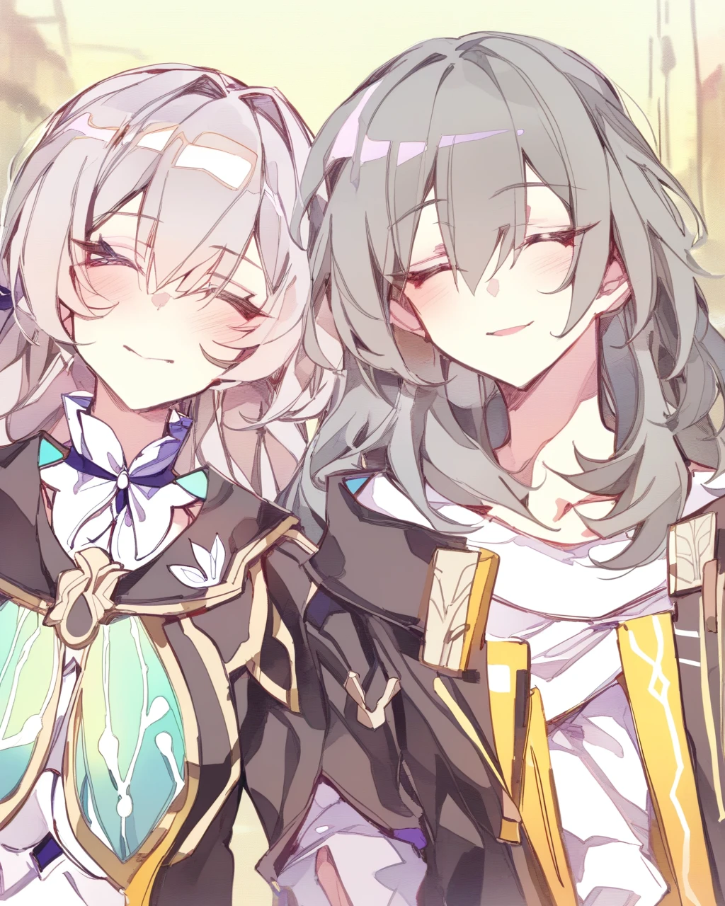 masterpiece,best quality,2girls, multiple girls, cocoballking, outdoors, upper body, grey hair, long hair, shirt, absurdres, closed eyes, commentary, firefly \(honkai: star rail\), grey eyes, head tilt, highres, honkai: star rail, honkai \(series\), stelle \(honkai: star rail\), trailblazer \(honkai: star rail\), white shirt, yuri