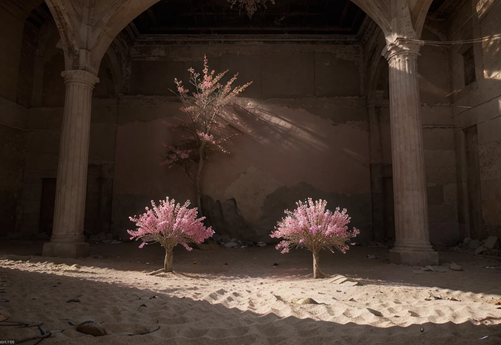 A stunning pink tree on the beach rocks, Realistic lighting style, channel, Art inspired by faith, abandoned space, Well-lit scenes, immersive environment, Floral and natural patterns--ar 1