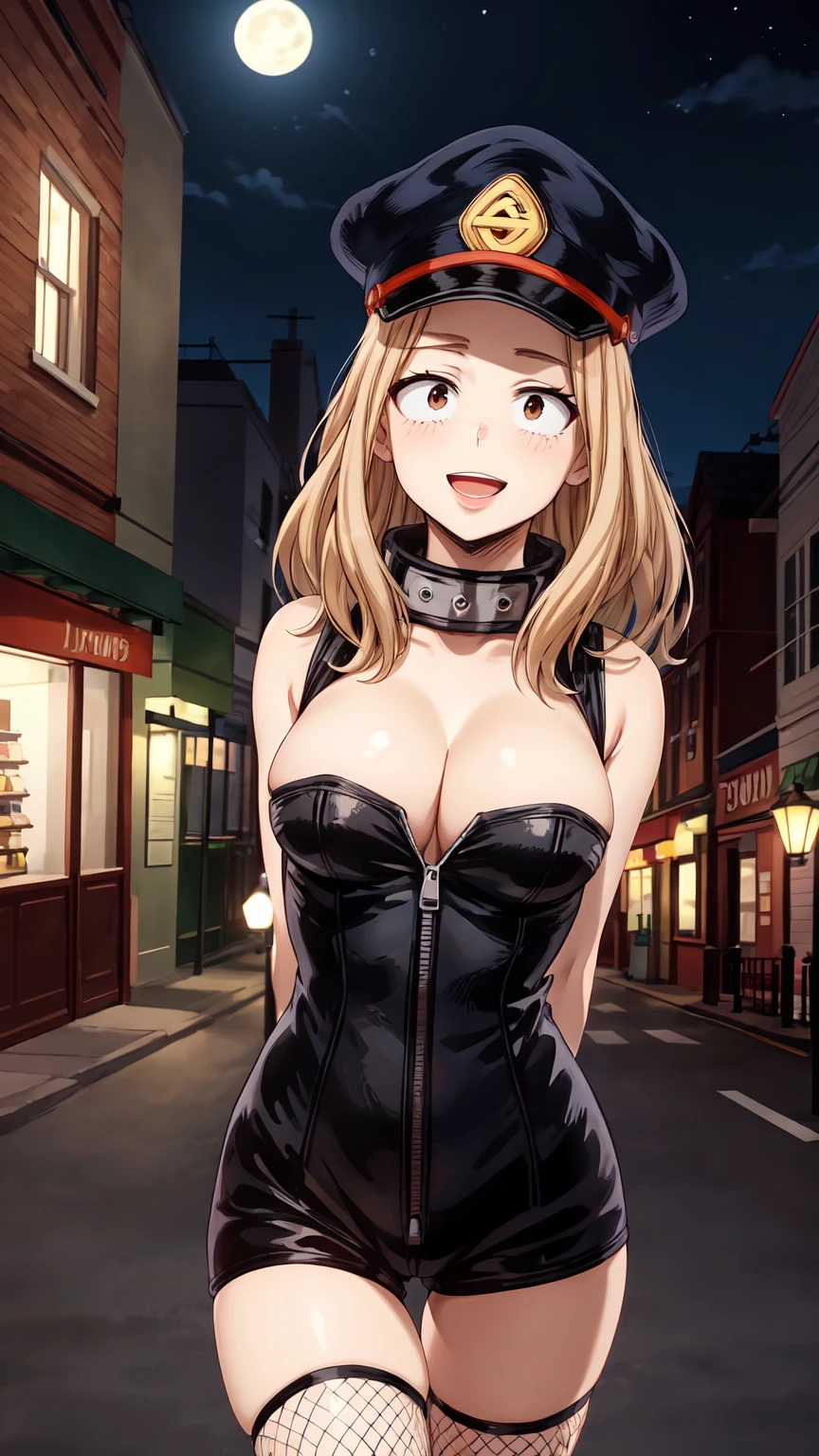 Masterpiece ,best quality , high resolution , (face view , look at view , (pov front view) , (pov from front)) , (1 girl solo:1.38) , (camie, long hair, brown hair, brown eyes, peaked cap , lipstick , eyeliner)) , (slim , tall , slender , thin) , (cleavage:1.05) , (big breast:1.06) , (wear black bodysuit , sleeveless , fishnet_stockings , zipper ) , (arms behind back , hand behind back) , ( outdoor , night , lamp , moonlight , road , on street , in front of shop ) , (open mouth , smile , full face blush , shy ) , (standing , thighs ) , (cowboy_shot)