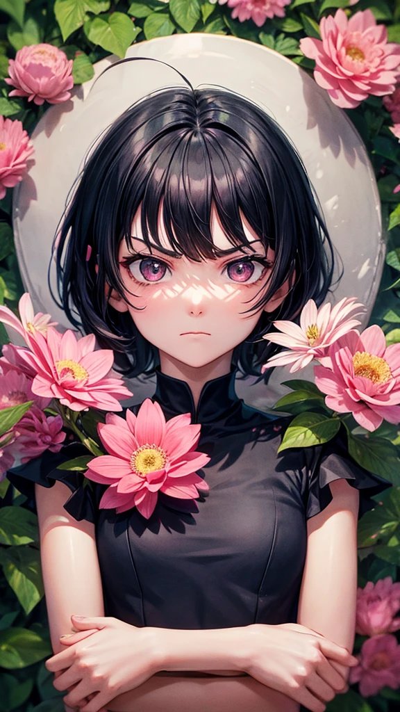 ,gwen,background 1 tree,leaves 1 pink,floor 4 flowers, body 1 good shape, eyes 1 tender,angry face 1,