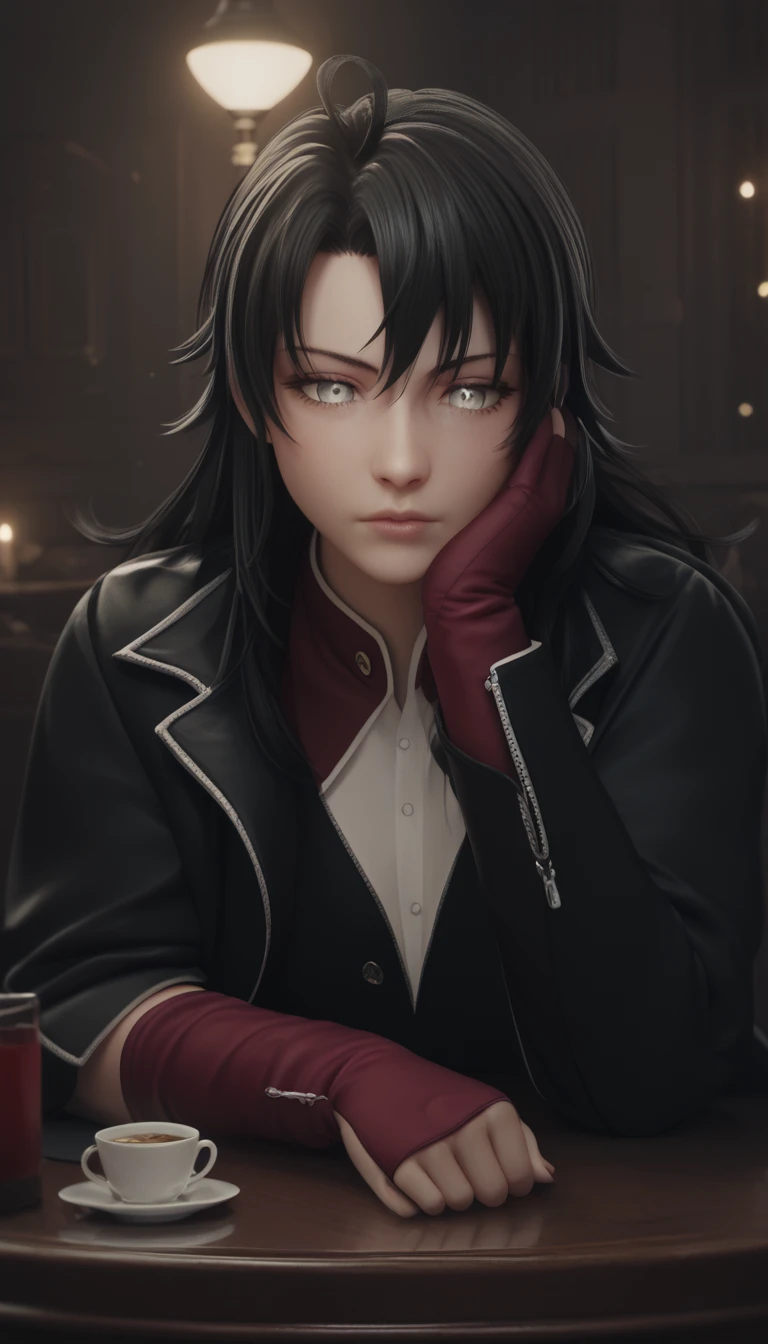 score_9, score_8_up, score_7_up, score_6_up, uncensored, yukinoshita yukino, black hair, long hair, grey eyes, BREAK (masterpiece:1.2), best quality, high resolution, (detailed eyes:1.3), perfect lighting, (perfect hands, perfect anatomy), elbow gloves, head rest, table, cup, black coat, gloves, bokeh, indoors, dim light, reflective, expressionless, looking down, hollow eyes