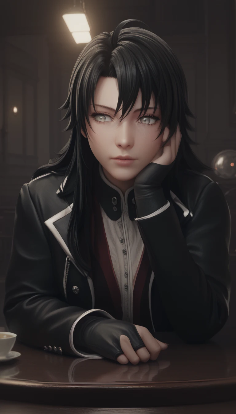  score_9, score_8_up, score_7_up, score_6_up, uncensored, yukinoshita yukino, black hair, long hair, grey eyes, BREAK (masterpiece:1.2), best quality, high resolution, (detailed eyes:1.3), perfect lighting, (perfect hands, perfect anatomy), elbow gloves, head rest, table, cup, black coat, gloves, bokeh, indoors, dim light, reflective, expressionless, looking down, hollow eyes
