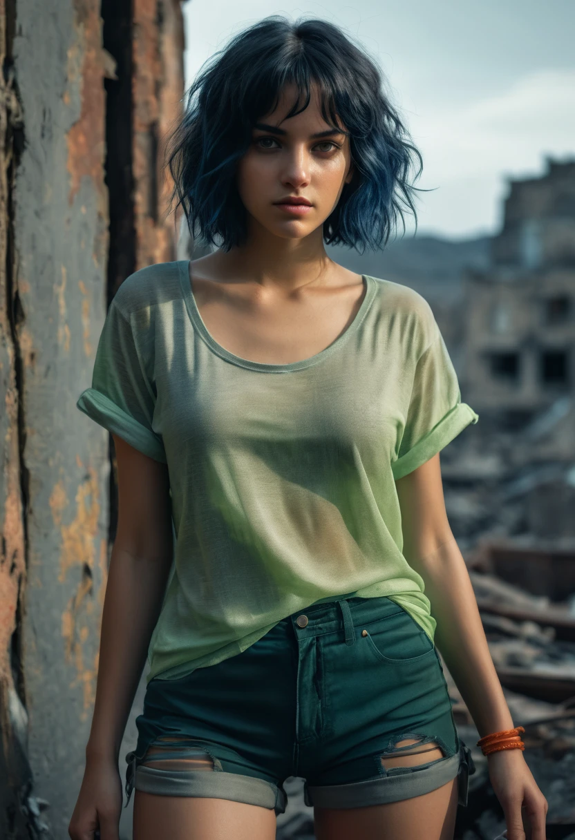 bright shot: 1.3), realistic epic, yellow eyes, young thief, (one woman), Light gray short-sleeved, non-transparent shirt., transparent fabric at the waist, Wavy Hair 1.4, (dark blue hair), short hair, Dark blue and orange tones, (Light green shorts), Aesthetics of wastelands and valleys!!! ruins, Soft, cinematic lighting, Adobe Lightroom, dark room, HDR, disorder, green bracelet on arm, straps from red thrings over transparent fabric at the waist, Thong under shorts