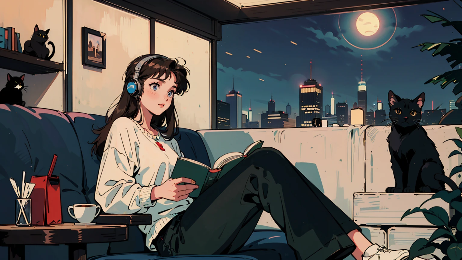 best quality, 8k, 1990s style,2010s hairstyles, 21 year old girl, black hair, long hair, light brown eyes, city pop, pants ,night view, wearing headphones,reading a book, whole body, relax coffee,table,confection,Looking at me, Black cat