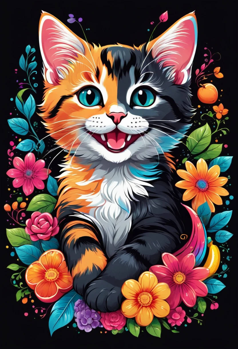  arte vetorial para  t shirt design, of a colorful illustration of a smiling kitten, At the center, swirly vibrant colors, flowers, fruits, high détail,black backdrop.t shirt design.
(work of art, best qualityer, proffesional, perfect composition, very aesthetic, absurdrez, super verbose, details Intricate:1.3)