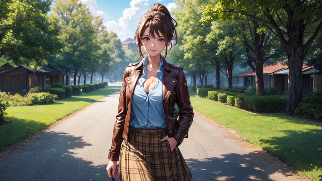 1girl, solo, full body, village, trees, sun, clouds, ((brown hair)), ponytail, large breasts, ((brown leather jacket)), button down shirt, ((blue checked shirt)), ((unbuttoned shirt)), unbuttoning buttons, cleavage 1:3 green eyes, long skirt, brown boots, smile, happy, looking at the viewer, standing, hair ribbon, golden necklate
