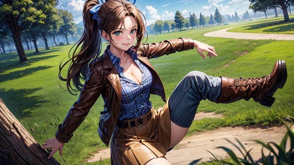1girl, solo, full body, village, trees, sun, clouds, ((brown hair)), ponytail, large breasts, ((brown leather jacket)), button down shirt, ((blue checked shirt)), ((unbuttoned shirt)), unbuttoning buttons, cleavage 1:3 green eyes, long skirt, brown boots, smile, happy, looking at the viewer, standing, hair ribbon, golden necklate