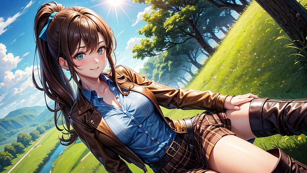 1girl, solo, trees, sun, clouds, autumn, colorful trees, falling leaves, ((brown hair)), ponytail, large breasts, ((brown leather jacket)), button down shirt, ((blue checked shirt)), ((unbuttoned shirt)), unbuttoning buttons, cleavage 1:3, blue eyes, long skirt, brown boots, smile, happy, looking at the viewer, walking, hair ribbon, golden necklate