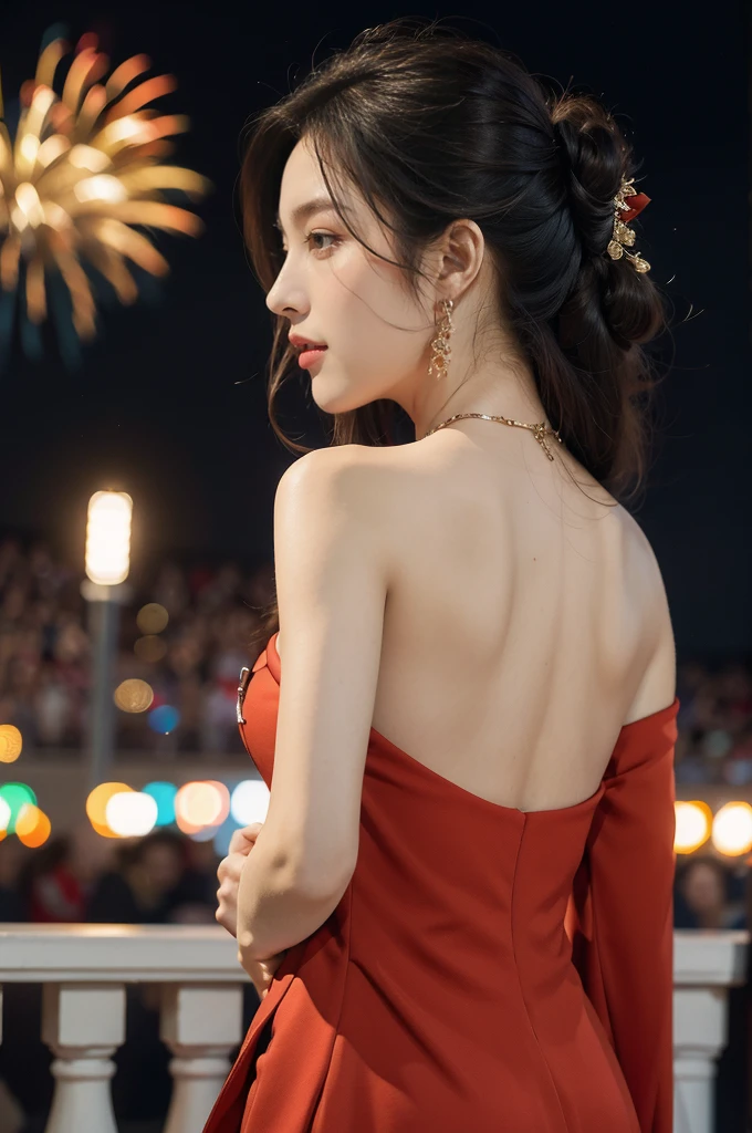 (((best quality))),(((ultra detailed))),(((masterpiece))),illustration, ((Olympic Opening Ceremony,in Paris,summer night,magnificent National stadium of France,Olympic flame, fireworks)),(crowded crowds of enthusiastic spectators:1.3),((a beautiful Chinese girl,solo)),((shoulder length straight hair:1.2)),((slim,thin)),((shoulder off,strapless,bare back,towering hips,butt crack)),(red blazer:1.5),(yellow dress:1.2),excited expression, awe, celebrating, electric atmosphere, sense of pride, excitement, playing field, crowd energy, unity, camaraderie, representing China, historic event, memorable moment,((from back,upper body))