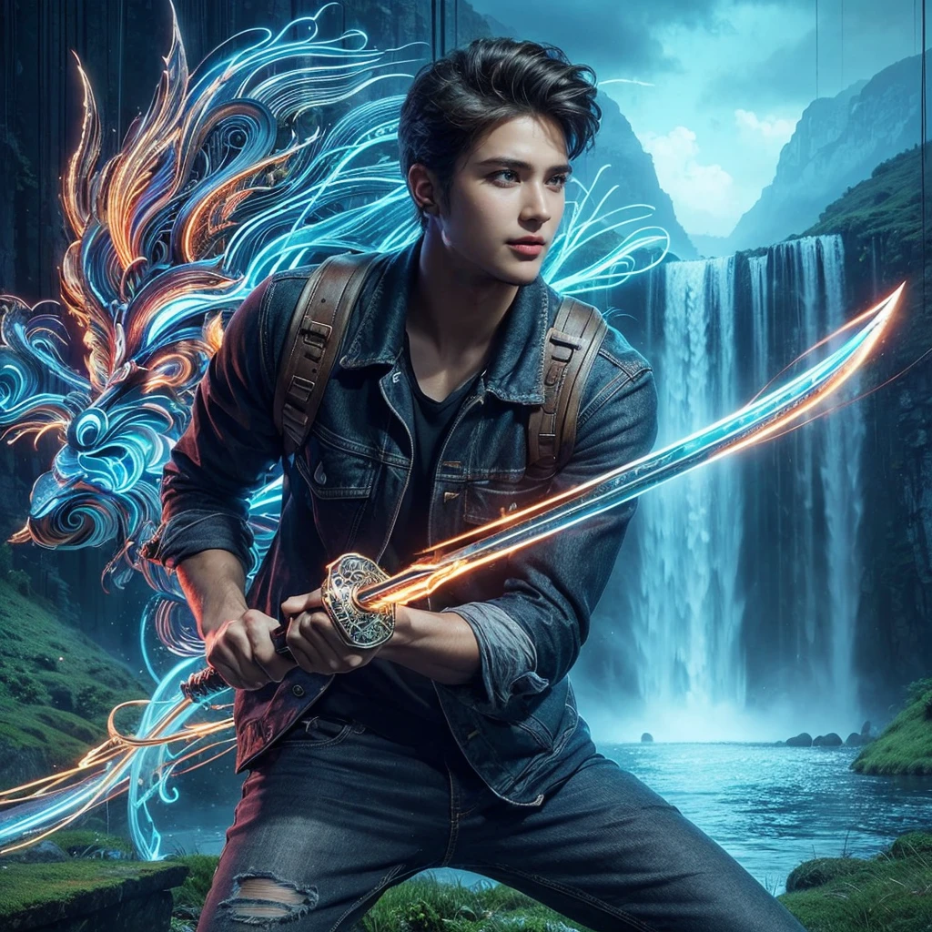 Professional photography masterpiece with 1 model: a confident, charming man in modern casual trendy attire, 25 years old, with a subtle smile, looking happy, holding a long sword with intricate tribal neon glowing, posing to attack an opponent forward, against a breathtaking waterfall backdrop with added mist, resembling a Sony 7000D photo, in high definition with dramatic lighting and added dramatic color effects. background forest.
