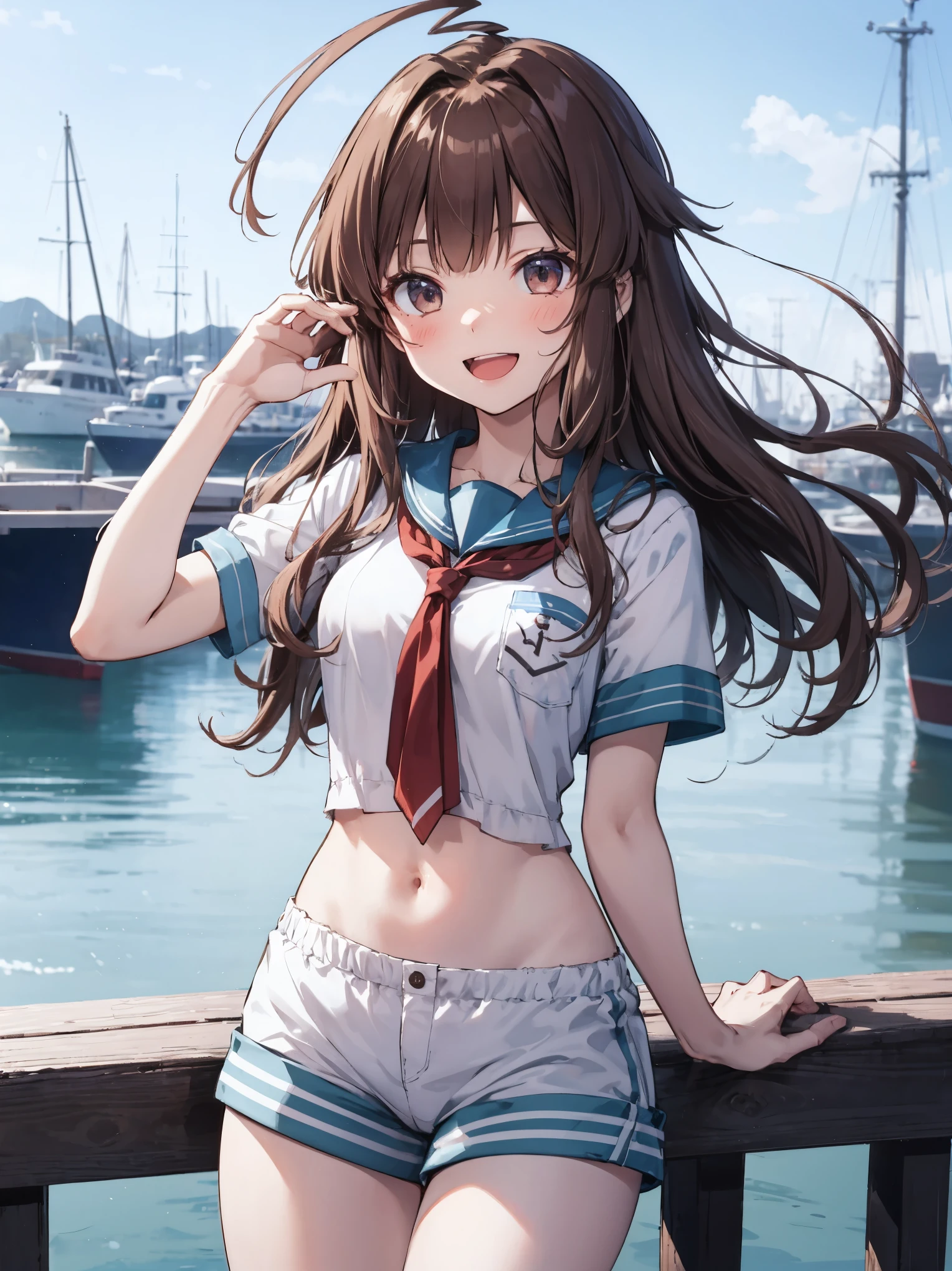 1young_teen_ girl,  brown_hair, long_hair, sailor_uniform,white_ baggy_shorts, short_sleeve, thighs, small_breasts, big_smile, open_mouth, standing, harbor_background, slightly_spread_legs, happiness, covered_crotch,ahoge,XD,exciting,dynamic_posing,solo,(navel:0.6)
