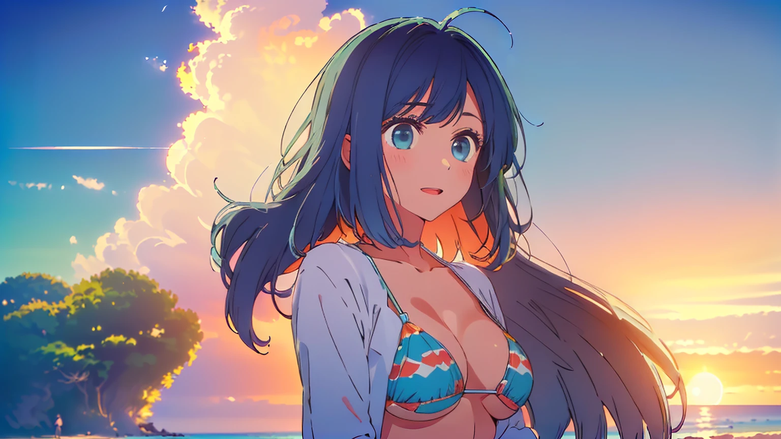 (Highest quality:1.4、masterpiece:1.4、Super detailed:1.4、8k:1.4)、((((1 person、Surprised expression、Standing on the beach in the setting sun、Sandy Beach、Micro Bikini、Very soft 、Big eyes、Very cute face))))、F cup bust、Big Breasts