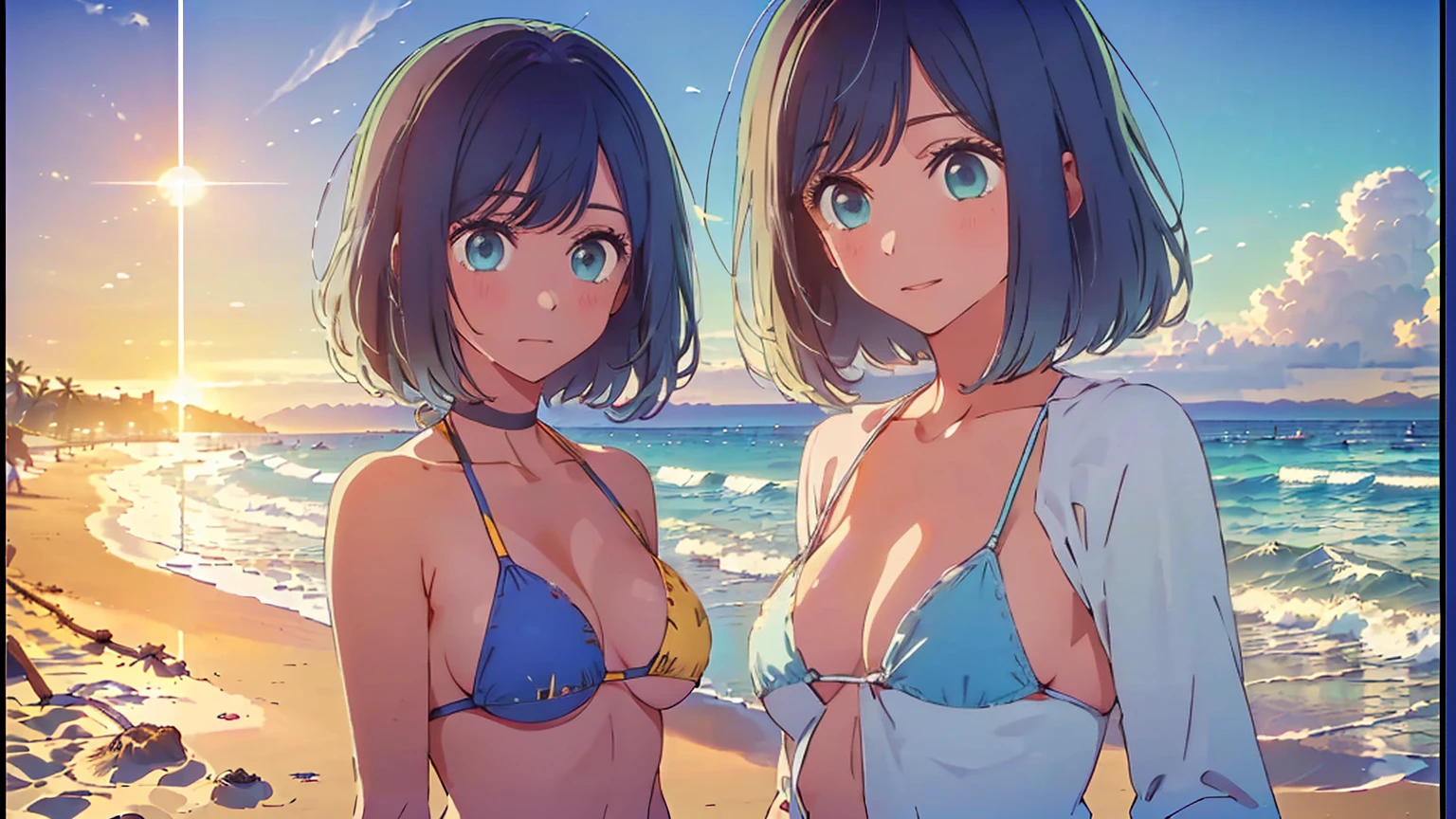 ((highest quality)), ((masterpiece)), (detailed),Perfect Face,Strong light,With front light,Small Tits Teen,,Sunburn mark,スク水のSunburn mark,Fully nude tanned sisters spread their legs on a nudist beach and show the camera a close up of their crotches,